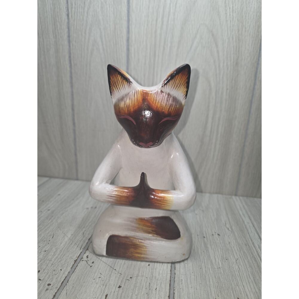 Handcrafted Yoga-Themed Siamese Cat Raintree Wood Sculpture Feline Yoga